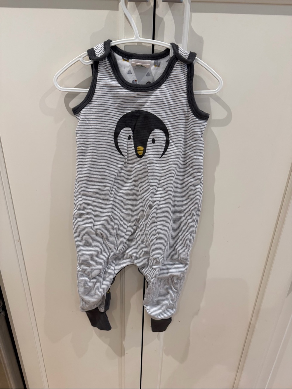 People 12-18m Striped Penguin Baby Romper in Gray and White sleep sack organic